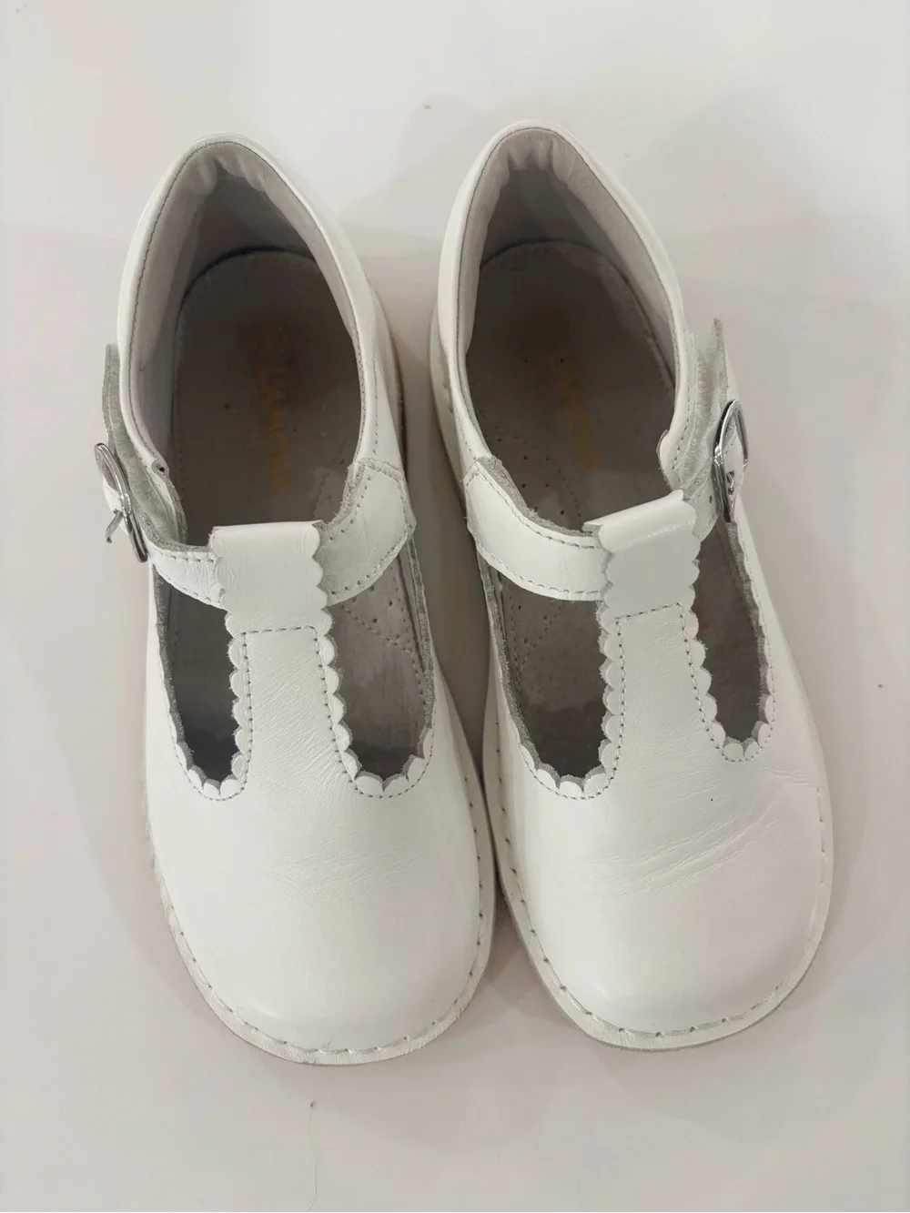 L'Amour White Scalloped T-Strap Kids Dress Shoes